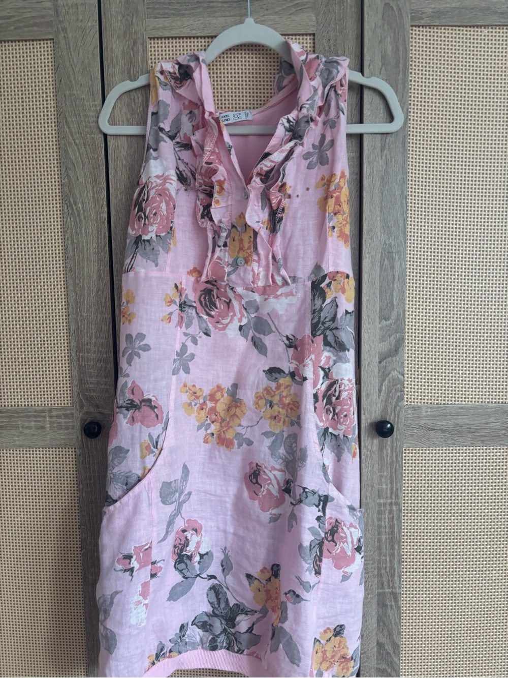 Sleeveless Pink Floral Ruffle-Trim Dress